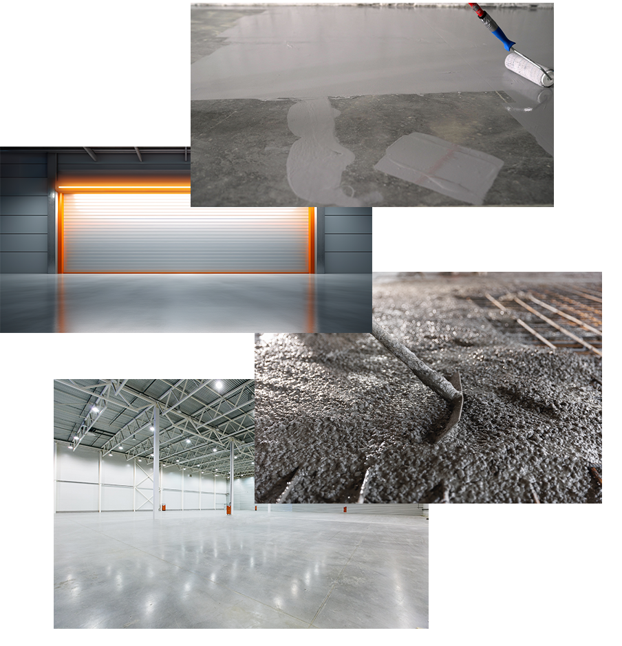 Collage image of newly laid concrete