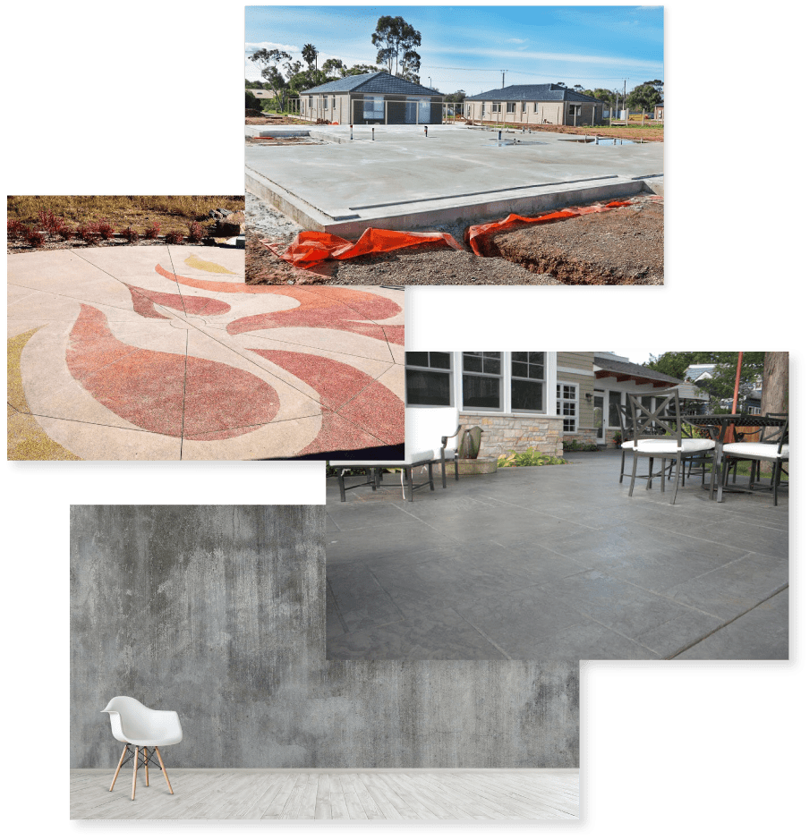 Collage image of newly laid concrete