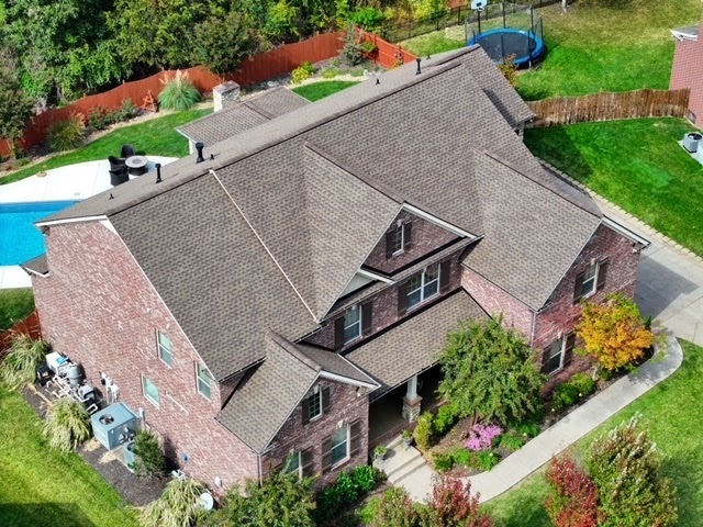 Aerial view of a residential roof installed in Mt Julliet, TN, by Three Stone Roofing